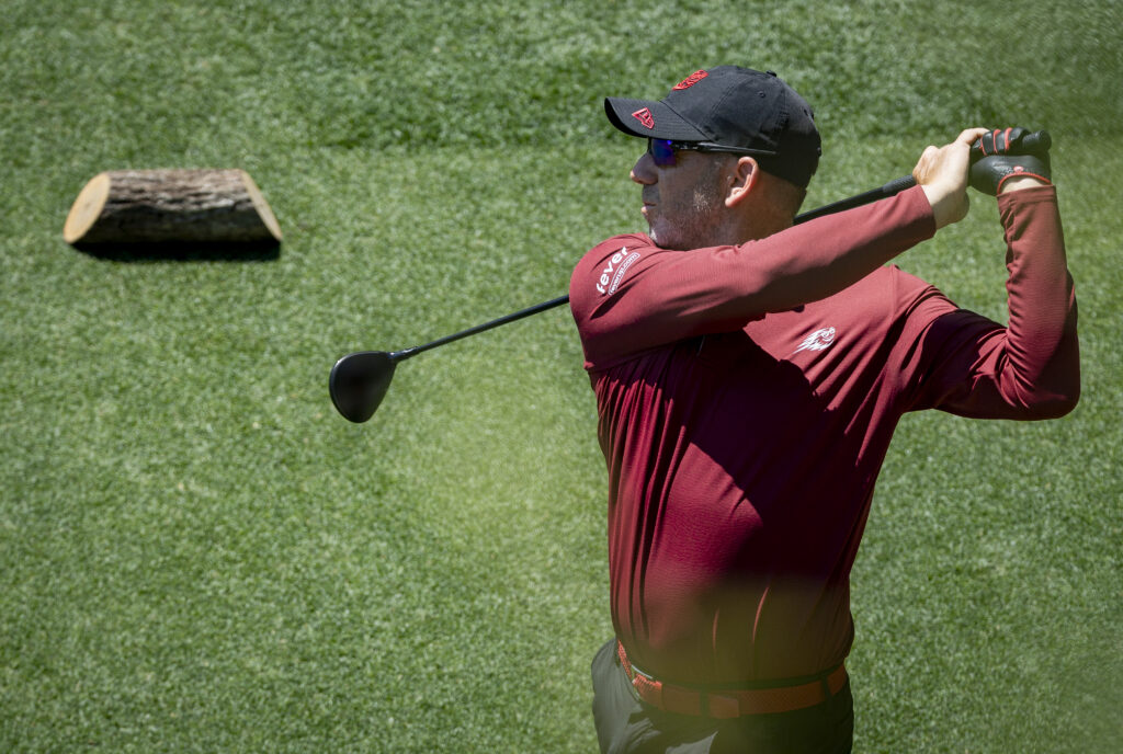 Masters champion Sergio Garcia of Spain plays a stroke from the No. 14 tee during the final round of the Masters at Augusta National Golf Club