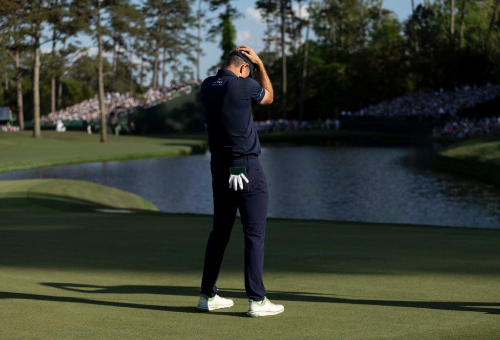 Justin Rose of England after missing a putt on the No. 16 green during the final round of the Masters at Augusta National Golf Club