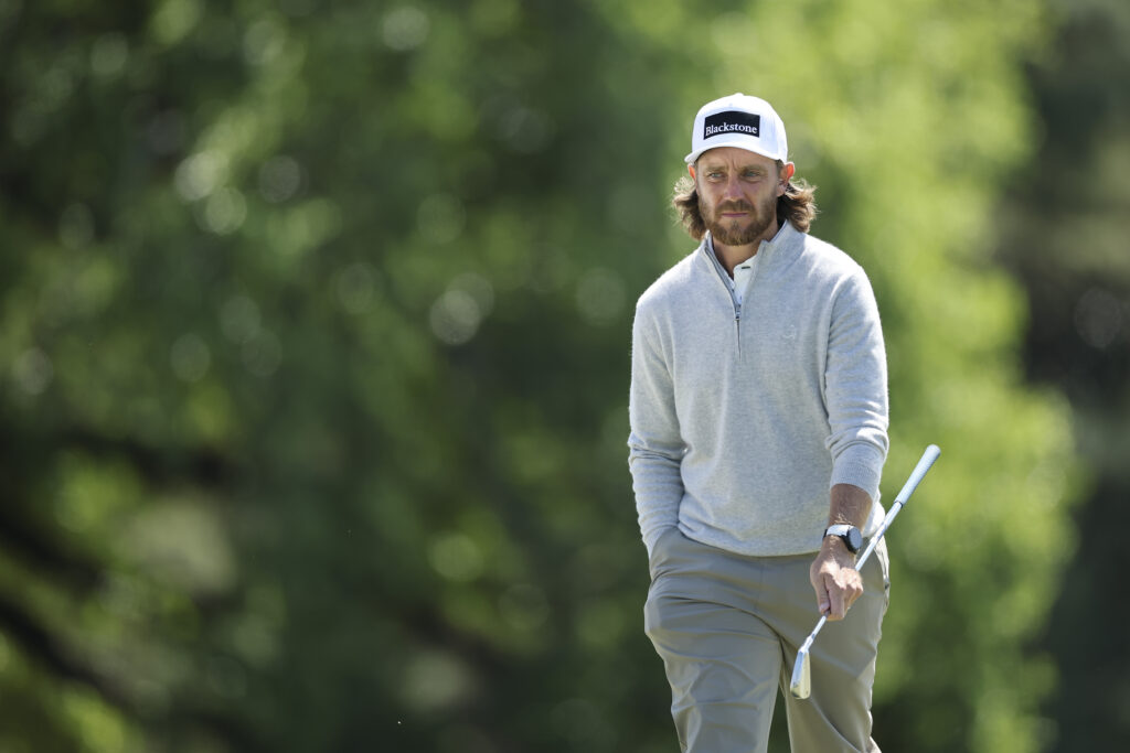 Tommy Fleetwood of England walks on the 18th green during the first round of the 2026 Masters Tournament at Augusta National Golf Club