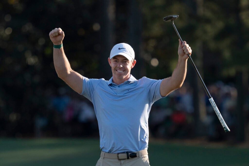 Rory McIlroy of Northern Ireland celebrates during the final round of the Masters at Augusta National