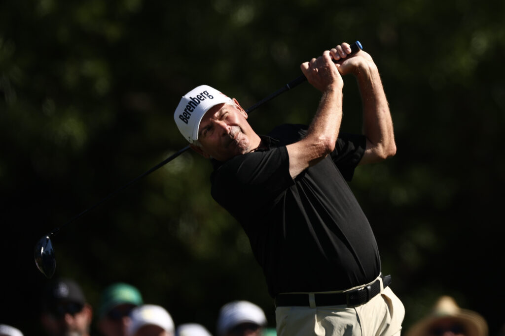 Fred Couples of the United States plays his shot from the fifth tee during the second round of the 2026 Masters Tournament at Augusta National Golf Club