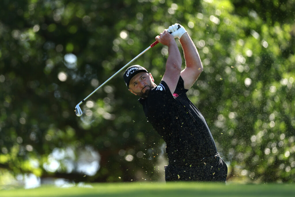 Jon Rahm of Spain plays his shot from the fourth tee during the second round of the 2026 Masters Tournament at Augusta National Golf Club