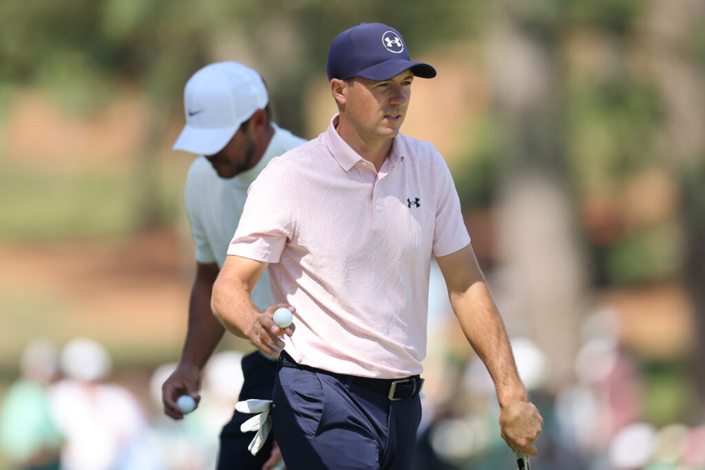 Jordan Spieth acknowledges the crowd after holing a putt during the second round of The Masters