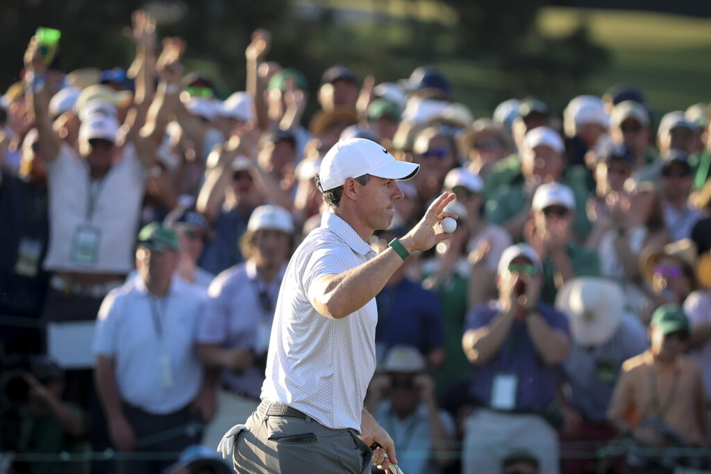 Rory McIlroy of Northern Ireland reacts on the 18th green during the second round of the 2026 Masters Tournament at Augusta National Golf Club