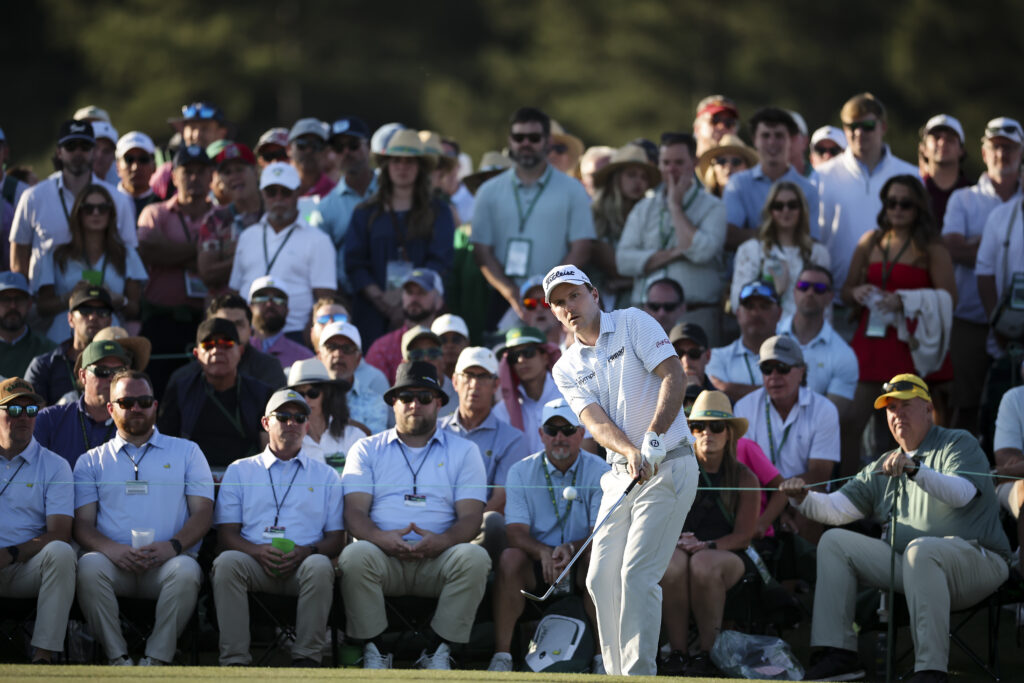 Russell Henley of the United States plays a shot on the 18th hole during the second round of the 2026 Masters Tournament
