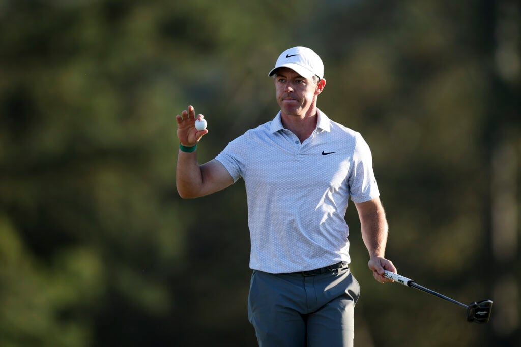 Rory McIlroy reacts on the 18th green during the second round of the 2026 Masters Tournament at Augusta National Golf Club.