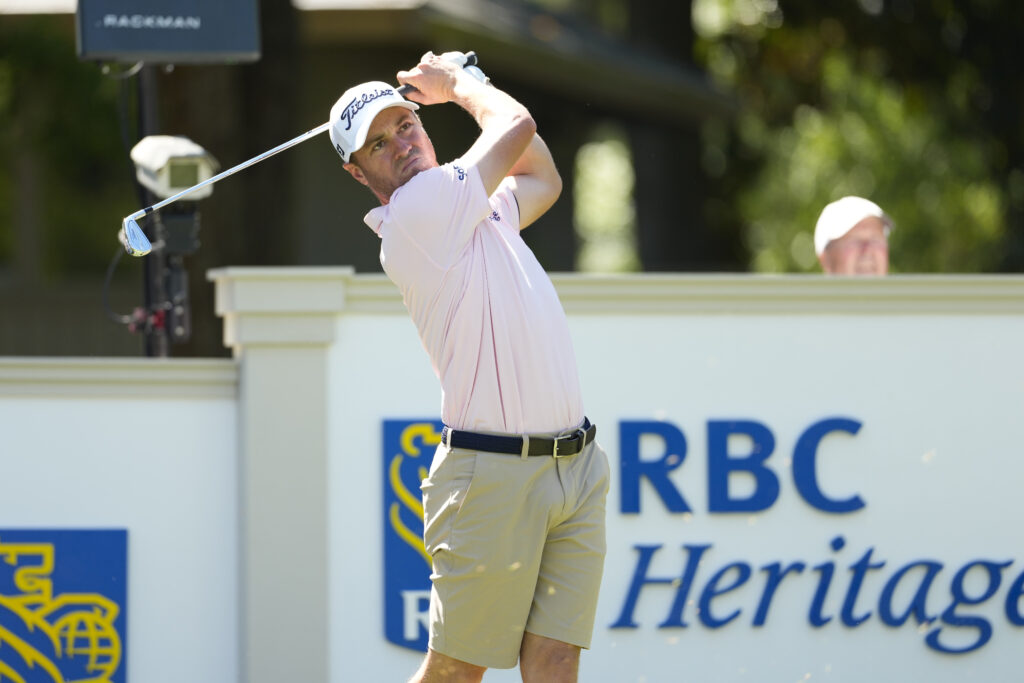 Justin Thomas hits a tee shot during a practice round at Harbour Town ahead of the RBC Heritage