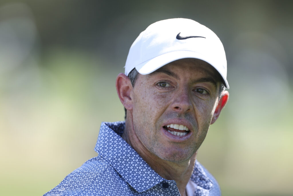 Rory McIlroy walks the third fairway during the third round of the 2026 Masters Tournament at Augusta National Golf Club