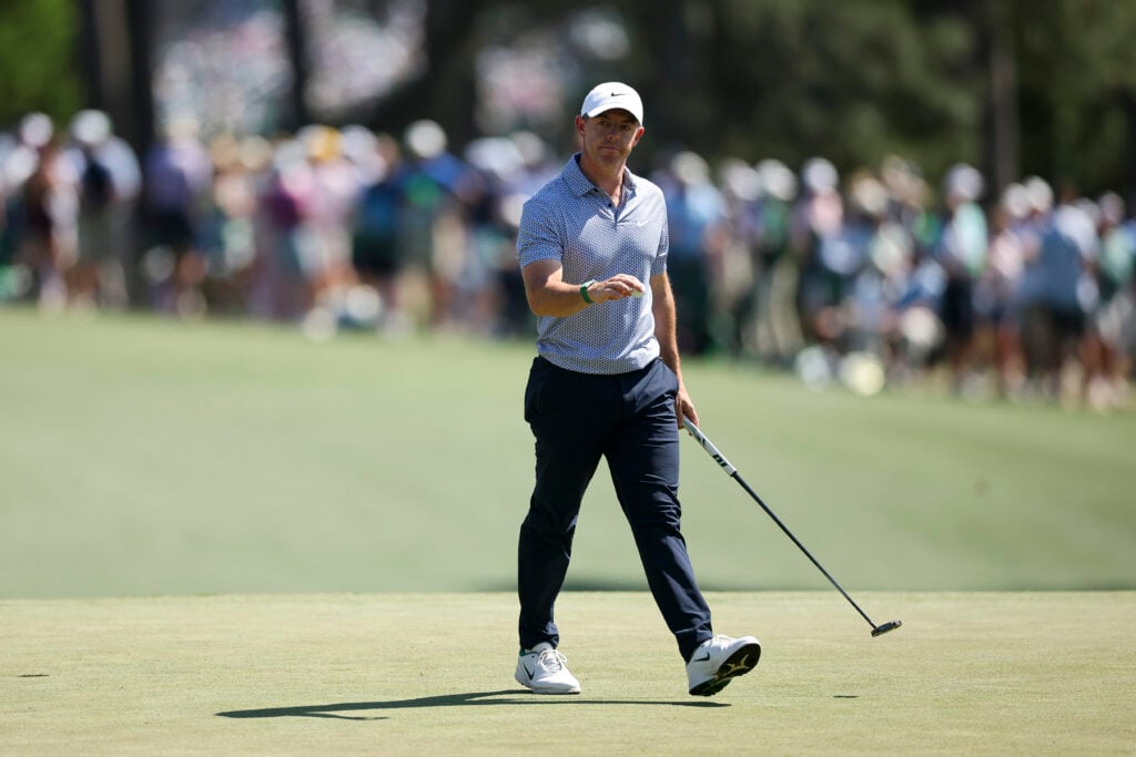 Rory McIlroy acknowledges the crowd after making a birdie during the third round of The Masters