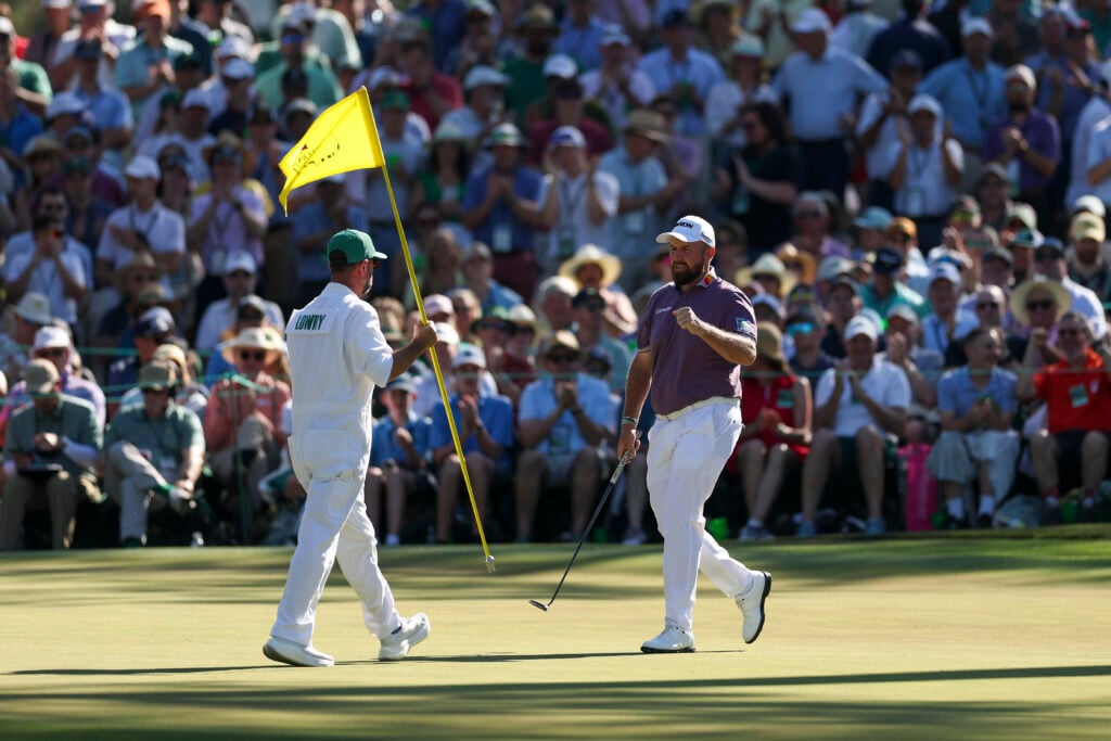 Shane Lowry of Ireland reacts on the tenth green during the third round of the 2026 Masters Tournament at Augusta National Golf Club
