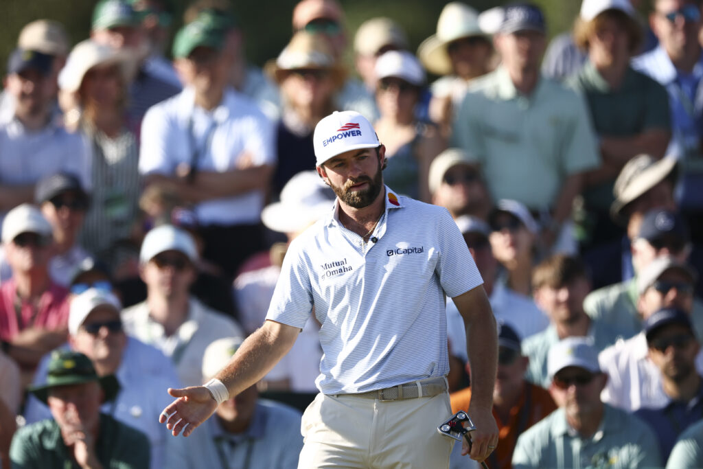 Cameron Young reacts on the 18th green during the third round of the Masters at Augusta National