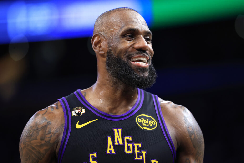 LeBron James #23 of the Los Angeles Lakers looks on during the first half of a game against the Phoenix Suns at Crypto.com Arena.