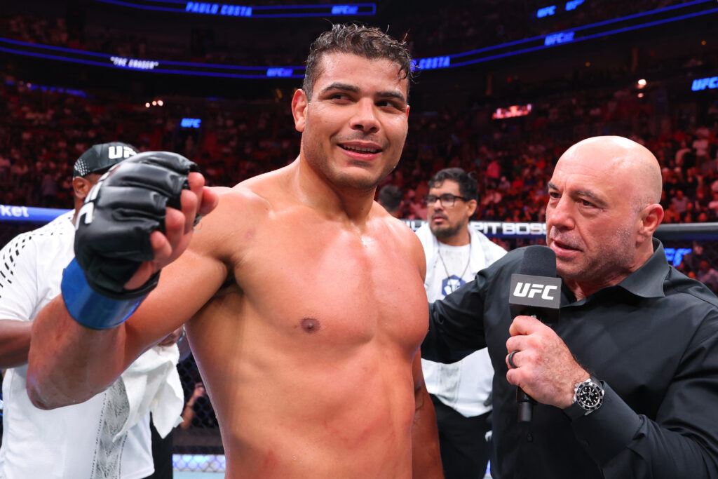 Paulo Costa of Brazil reacts after a knockout victory against Azamat Murzakanov of Russia in a light heavyweight fight during the UFC 327 event at Kaseya Center.