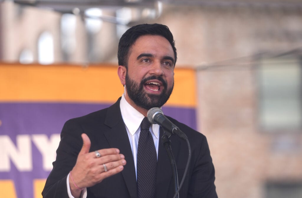 New York City Mayor Zohran Mamdani delivers remarks at the Service Employees International Union, 32BJ SEIU's rally.