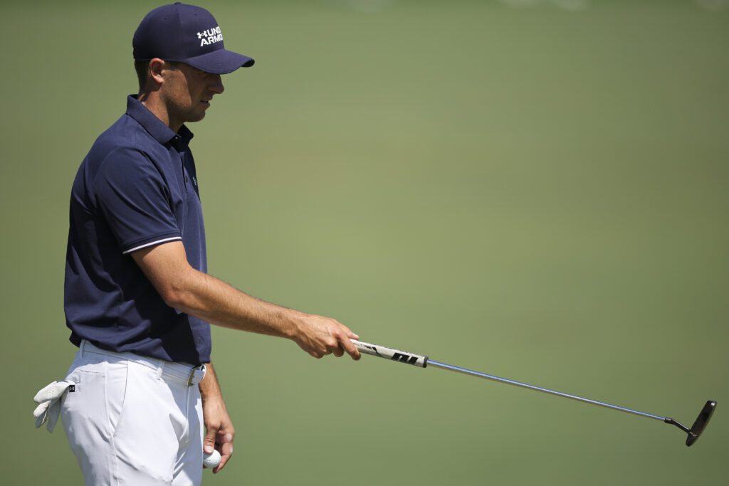 Jordan Spieth looks over a putt on the second hole during the final round of the 2026 Masters Tournament at Augusta National Golf Club