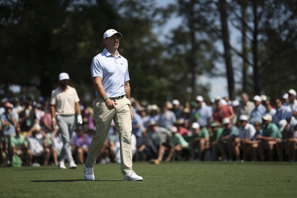 Rory McIlroy walks off the fourth tee during the final round of the 2026 Masters Tournament at Augusta National Golf Club