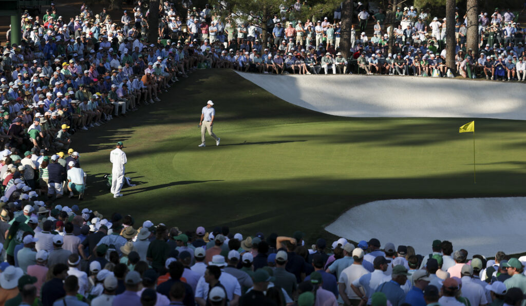 Rory McIlroy walks on the 16th green during the final round of the 2026 Masters at Augusta National