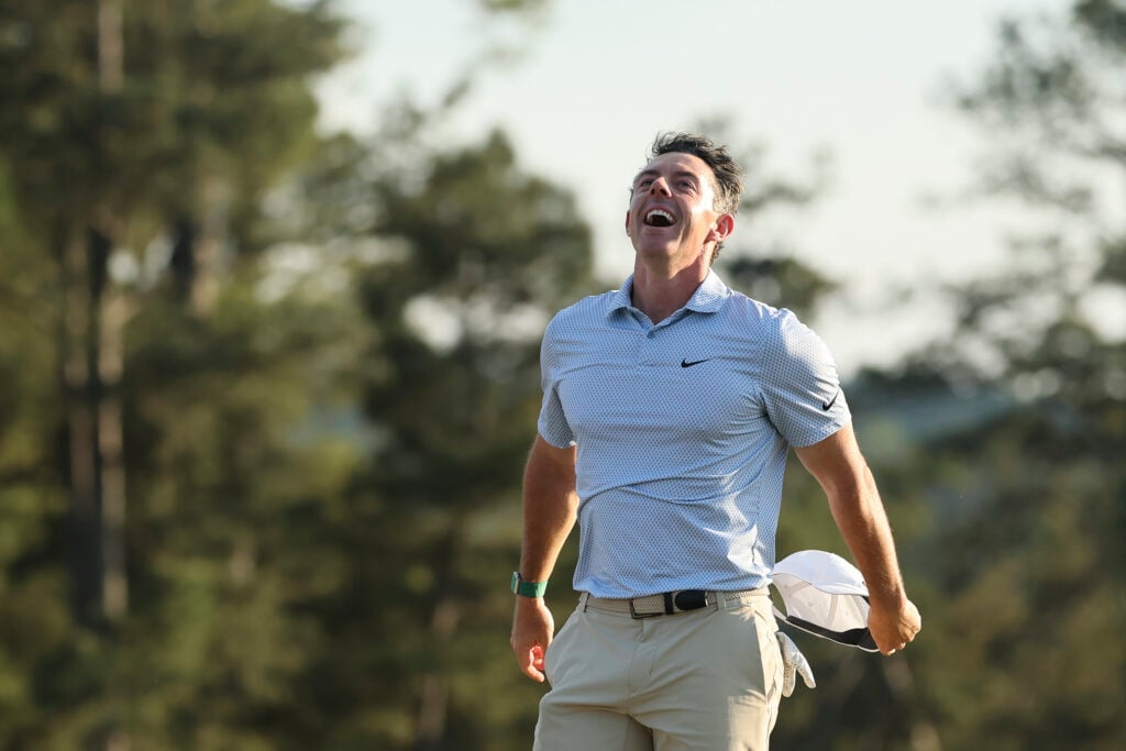 Rory McIlroy celebrates winning the 2026 Masters