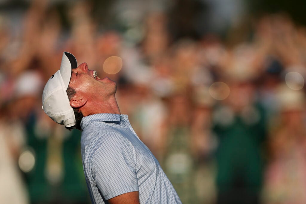 Rory McIlroy celebrates after winning the Masters for the second time