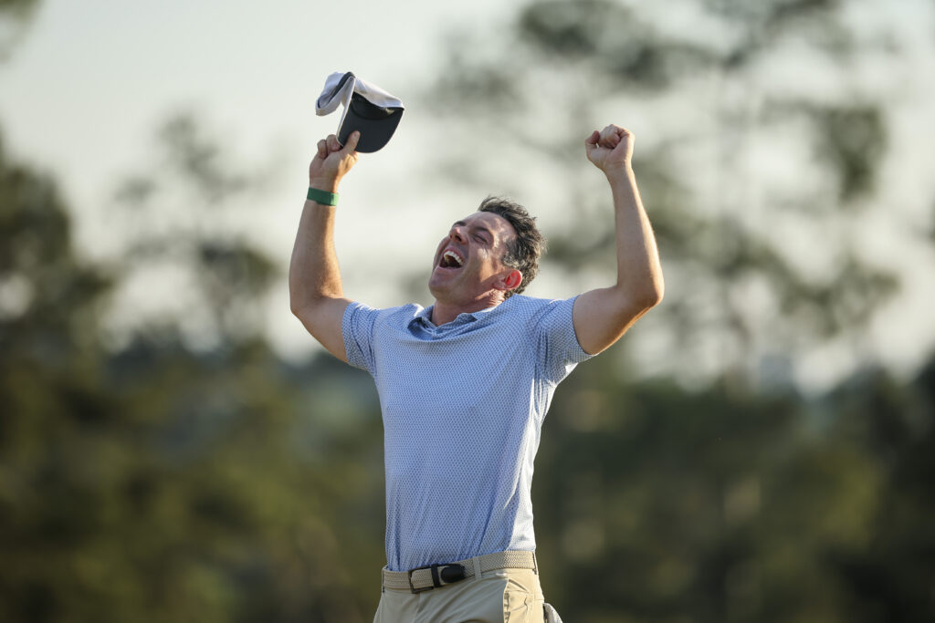 Rory McIlroy celebrates after winning the Masters for the second time