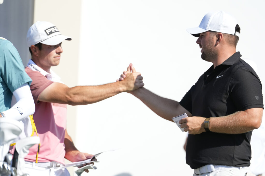 Chris Gotterup and Viktor Hovland on the first tee during the first round of RBC Heritage at Harbour Town Golf Links