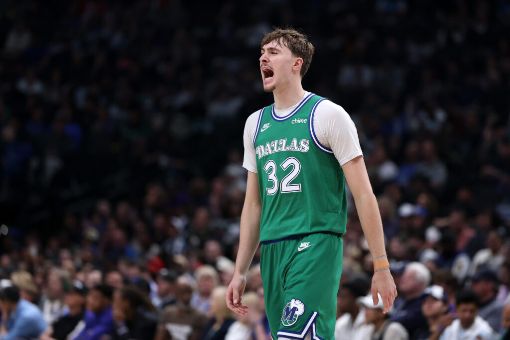 Cooper Flagg #32 of the Dallas Mavericks reacts to a play during the first half against the Chicago Bulls at American Airlines Center.