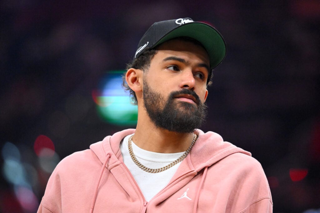 Trae Young #3 of the Washington Wizards waits during a timeout during the second quarter against the Cleveland Cavaliers at Rocket Arena.