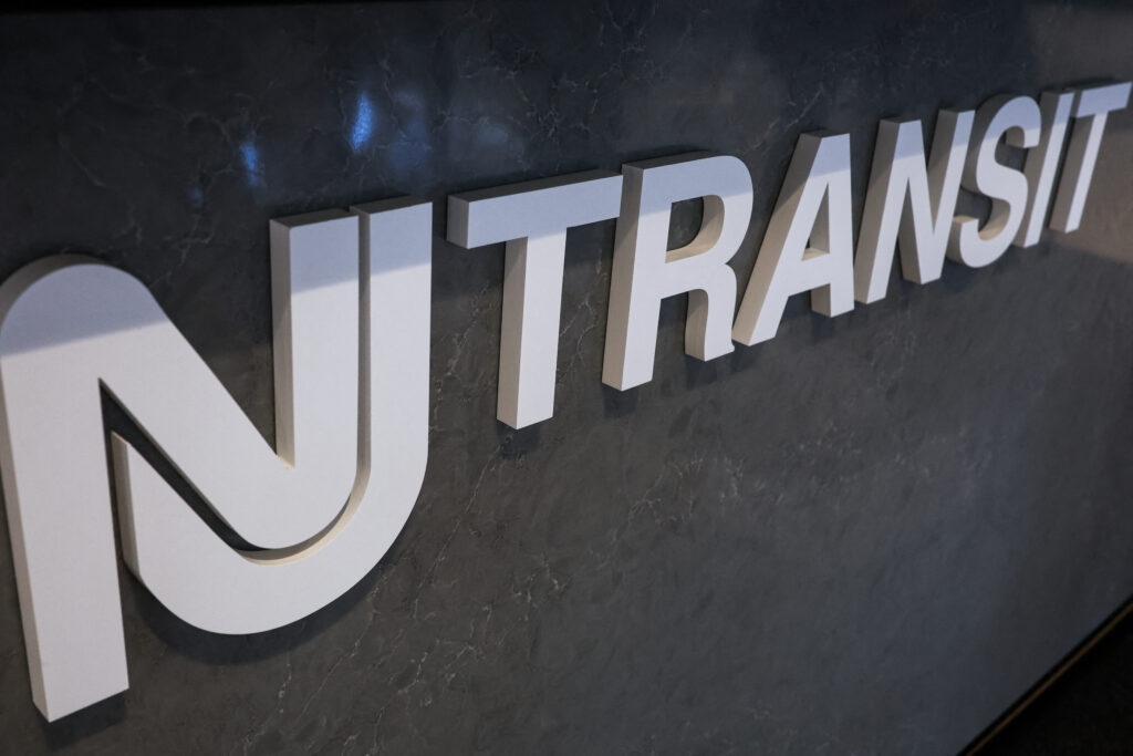 The NJ Transit logo is seen in the lobby of the New Jersey Transit headquarters ahead of a press briefing on the New York/New Jersey FIFA World Cup 2026 regional mobility plan.
