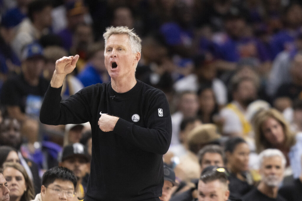 Golden State Warriors Head Coach Steve Kerr is seen during the first half of his NBA play-in tournament game against the Phoenix Suns at Mortgage Matchup Center.