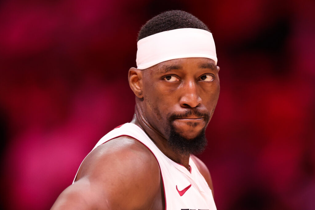 Bam Adebayo #13 of the Miami Heat looks on against the Atlanta Hawks during the fourth quarter of the game at Kaseya Center.
