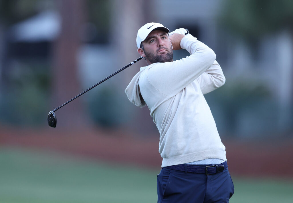 Scottie Scheffler of the United States plays a shot on the second hole prior to the RBC Heritage 2026 at Harbour Town Golf Links