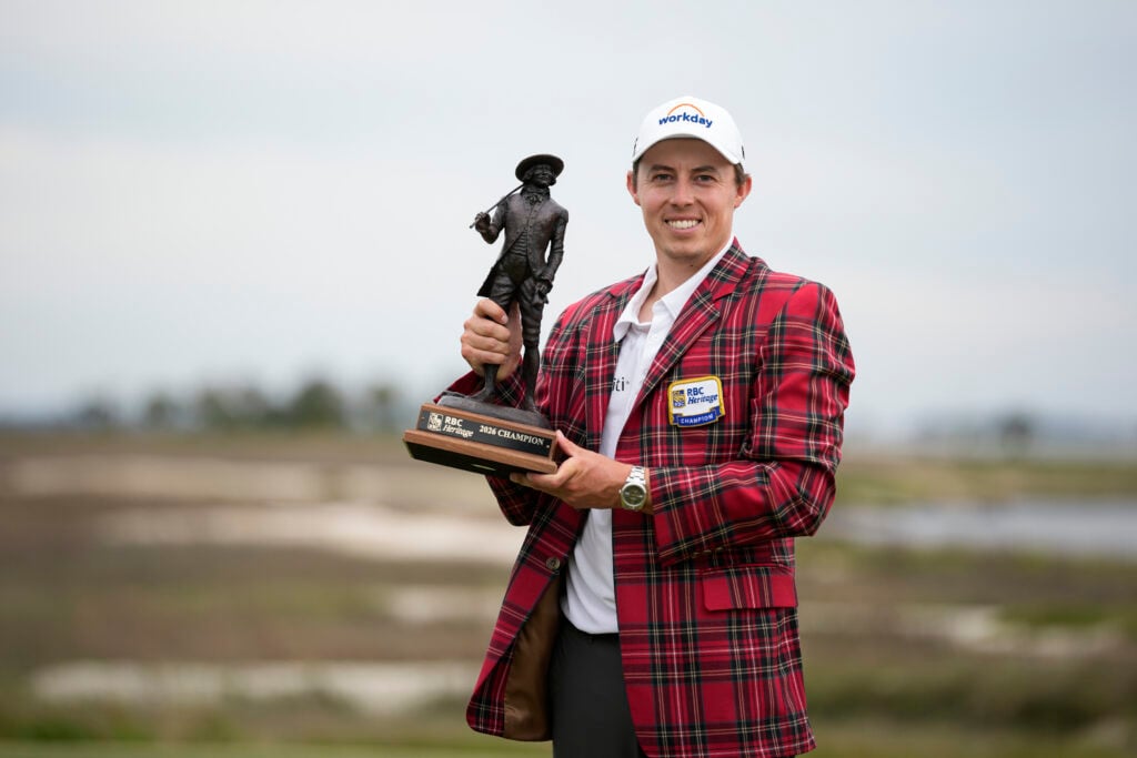Matt Fitzpatrick of England poses with the trophy after a playoff during the final round of RBC Heritage at Harbour Town Golf Links
