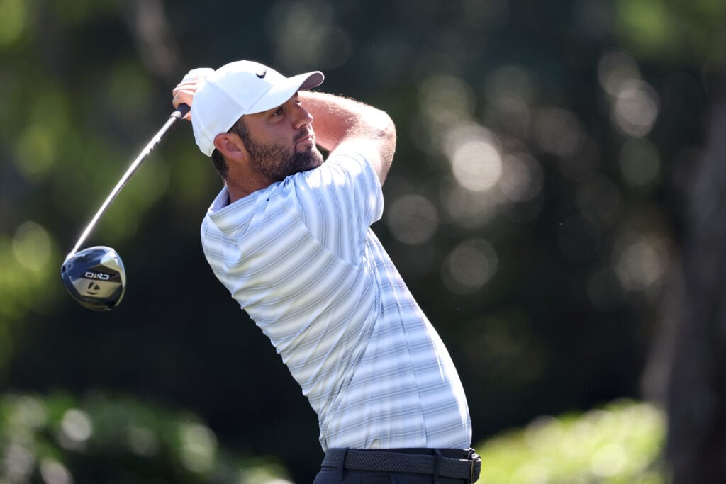 Scottie Scheffler plays his shot from the third tee during the second round of the RBC Heritage 2026 at Harbour Town Golf Links