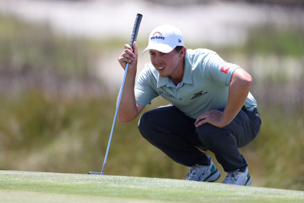 Matthew Fitzpatrick of England lines up a putt on the 18th green during the second round of the RBC Heritage 2026 at Harbour Town Golf Links