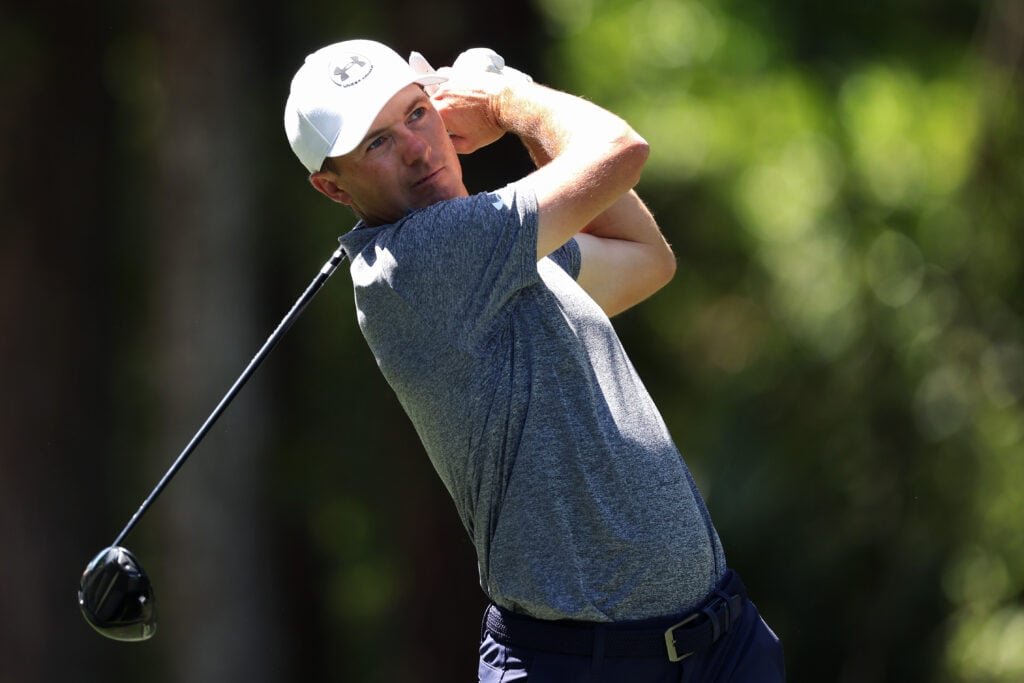 Jordan Spieth of the United States plays his shot from the fifth tee during the second round of the RBC Heritage 2026 at Harbour Town Golf Links