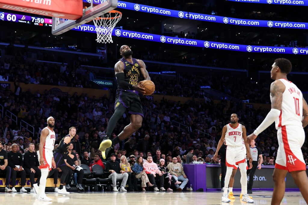 Los Angeles Lakers forward LeBron James (23) goes up for a windmill dunk during the third quarter of game two in an NBA playoff game against the Houston Rockets at Crypto.com Arena.