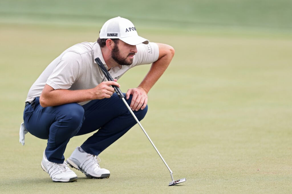 Patrick Cantlay of the United States lines up a putt on the 16th green during the final round of the RBC Heritage 2026 at Harbour Town Golf Links
