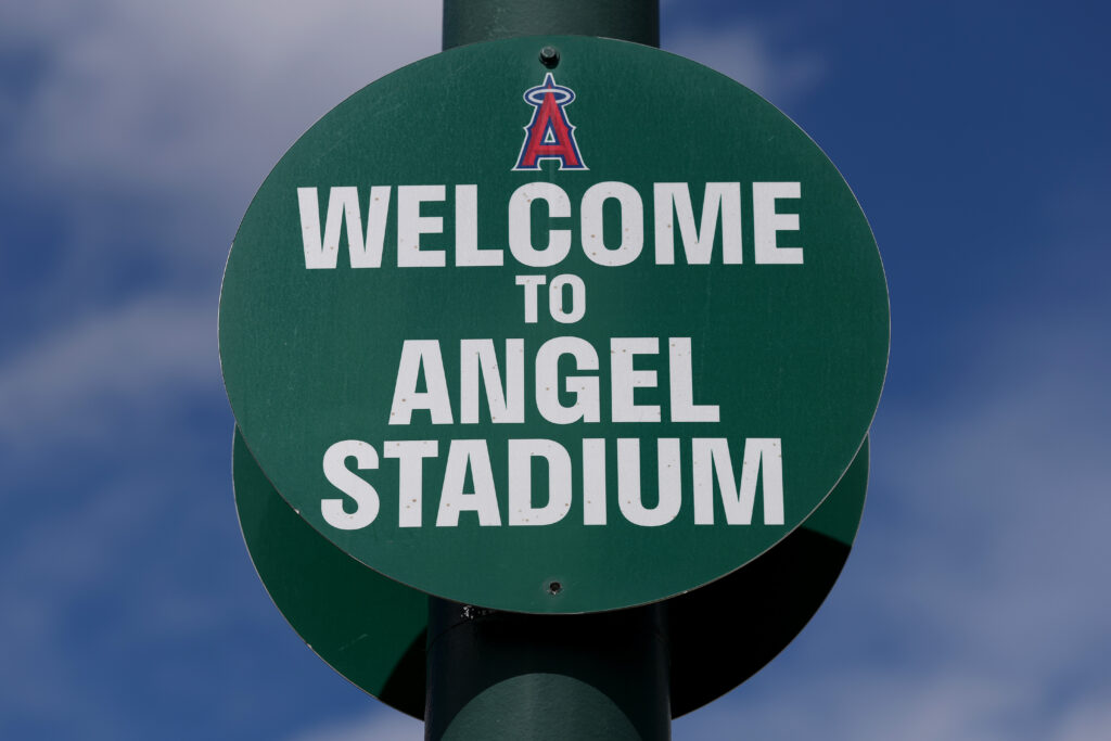 A general view of exterior logo signage before the game between the Los Angeles Angels and the Toronto Blue Jays at Angel Stadium of Anaheim.