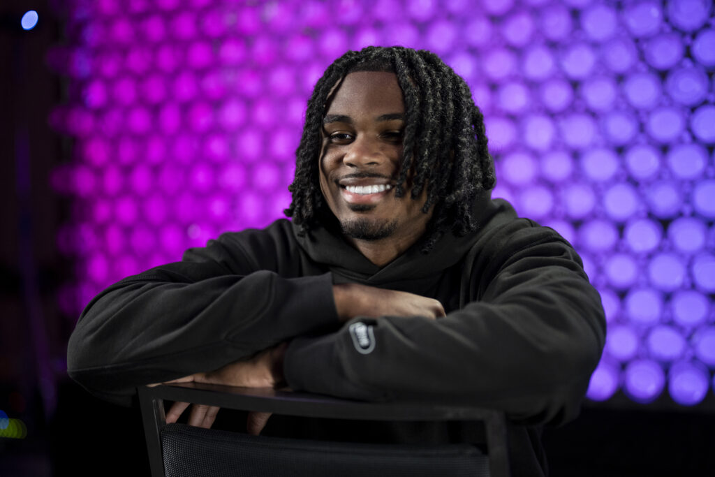 Jermod McCoy of the Tennessee Volunteers poses on the NFL Network set during the NFL Scouting Combine at the Indiana Convention Center.