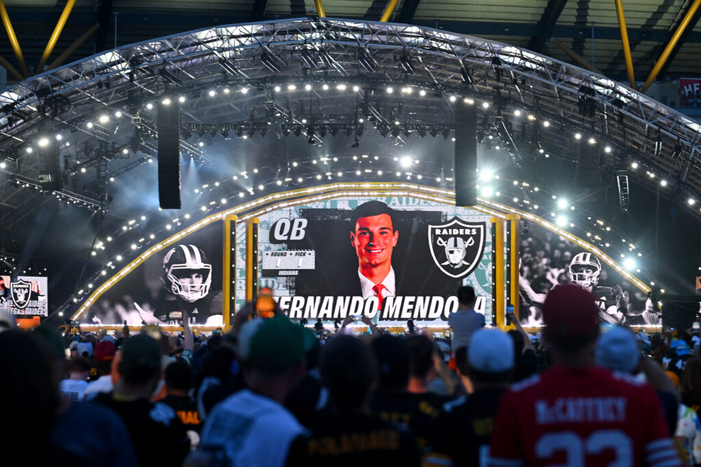 A detailed view of the stage showing a still of Fernando Mendoza of the Indiana on screen after being selected first overall pick by the Las Vegas Raiders during Round One of the 2026 NFL Draft at Acrisure Stadium.