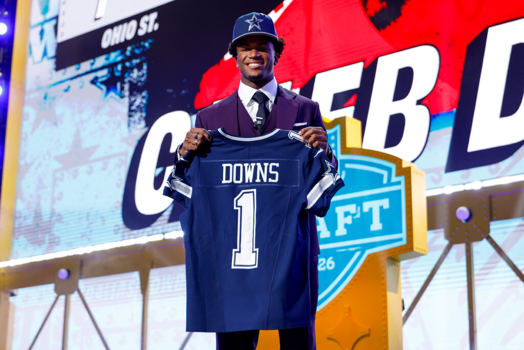 Caleb Downs of Ohio State poses for a photo after being selected 11th overall by the Dallas Cowboys during Round One of the 2026 NFL Draft at Acrisure Stadium.