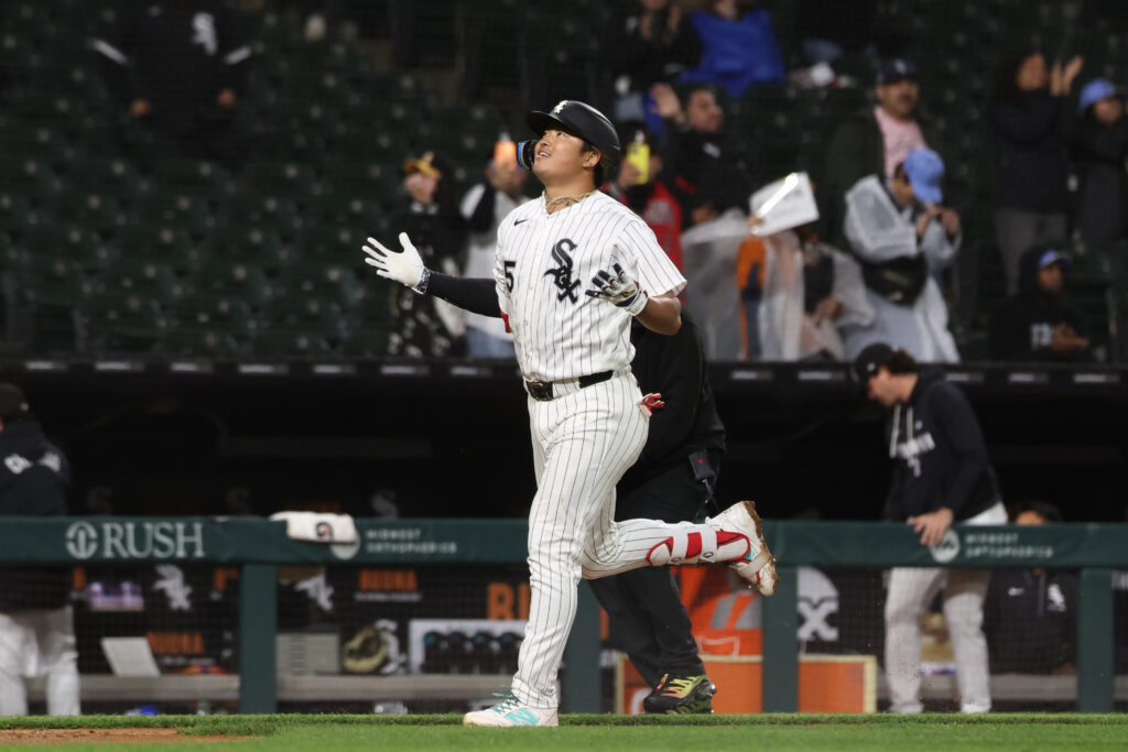 Munetaka Murakami #5 of the Chicago White Sox celebrates hitting a three-run home run during the seventh inning against the Los Angeles Angels at Rate Field.