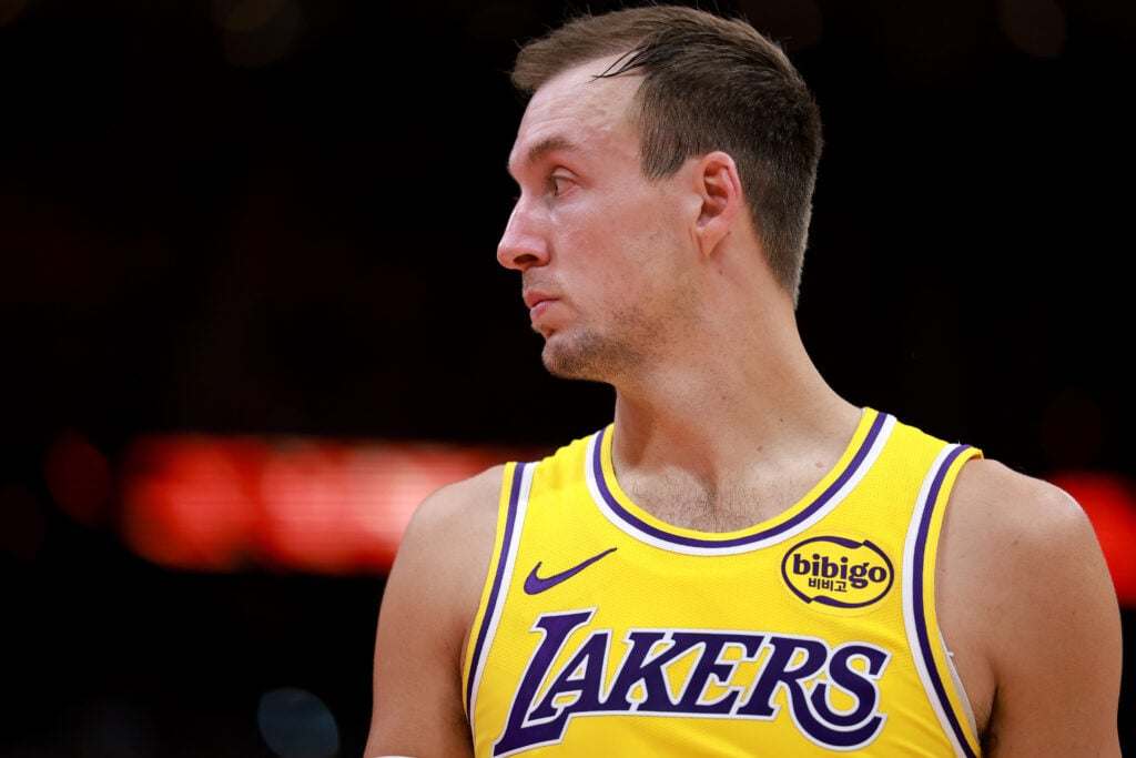 Luke Kennard #10 of the Los Angeles Lakers looks on during the game against the Houston Rockets at Toyota Center.