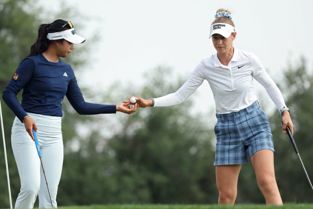 Nelly Korda and Patty Tavatanakit on the 18th green during the third round of The Chevron Championship at Memorial Park