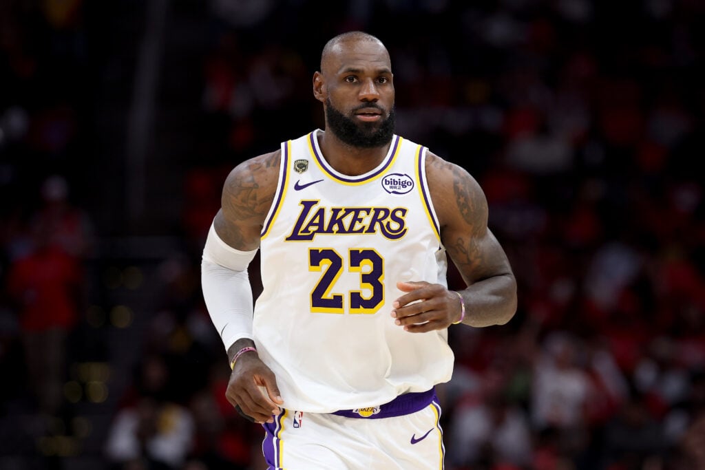 LeBron James #23 of the Los Angeles Lakers runs on the court in the first half against the Houston Rockets in Game Four of the First Round of the NBA Western Conference Playoffs at Toyota Center.