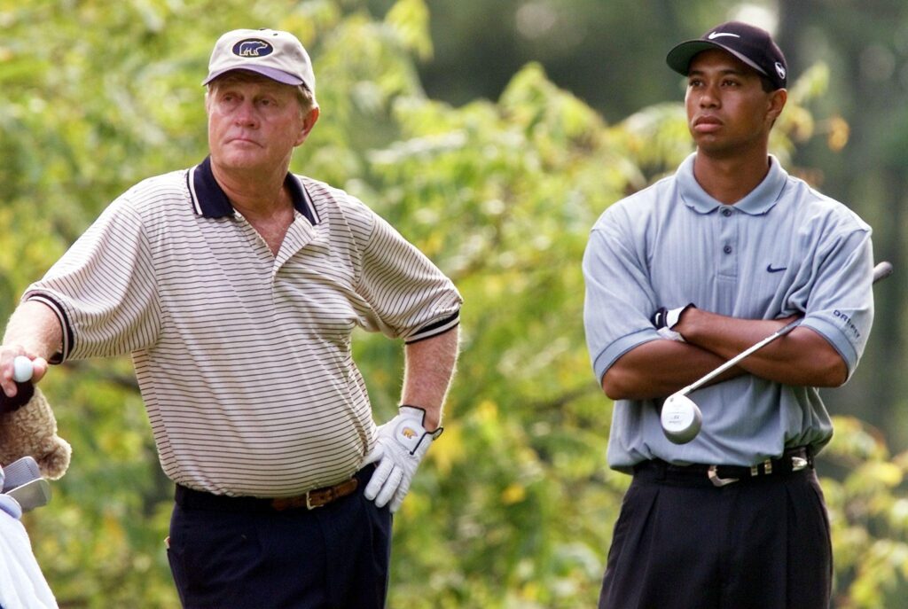 Jack Nicklaus and Tiger Woods during the 2000 PGA Championship at Valhalla