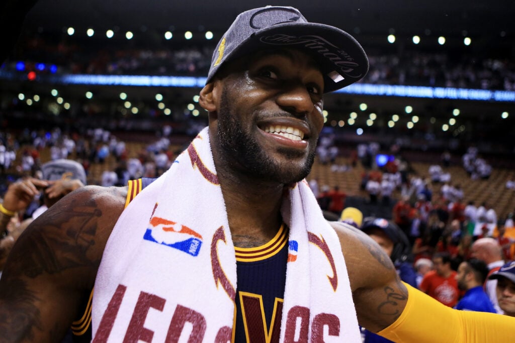LeBron James #23 of the Cleveland Cavaliers celebrates their 113 to 87 win over the Toronto Raptors in game six of the Eastern Conference Finals during the 2016 NBA Playoffs at Air Canada Centre.