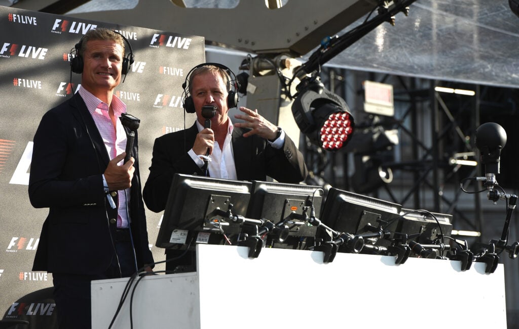 David Coulthard and Martin Brundle on stage at the F1 Live in London event at Trafalgar Square on July 12, 2017 in London, England. F1 Live London, the first time in Formula 1 history that all 10 teams come together outside of a race weekend to put on a show for the public in the heart of London.