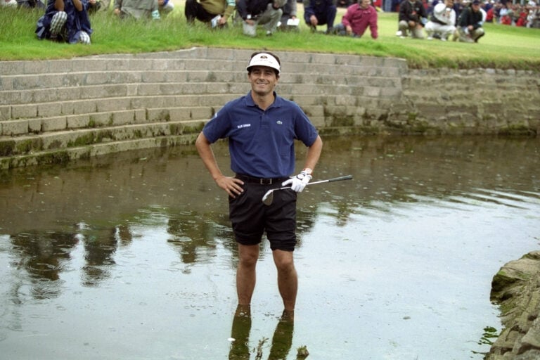 18 Jul 1999: Jean Van de Velde of France still smiling despite finding the Barry Burn with his third shot on the final hole of the British Open at...