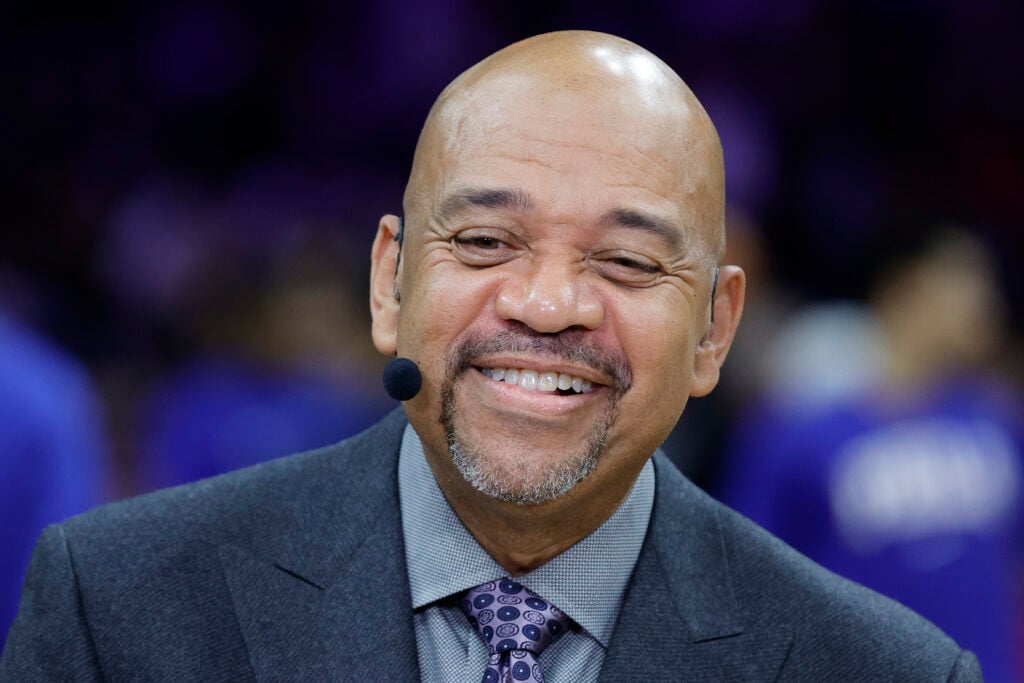 Michael Wilbon of ESPN looks on during a game between the Philadelphia 76ers and the Golden State Warriors at Wells Fargo Center.
